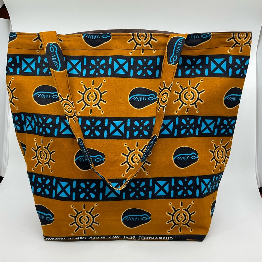 African Block Print Fabric Graphic Lined Canvas Zippered Tote Bag
